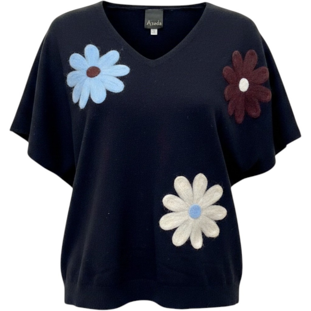 Aaeda Black S Dolman Sleeves Sweater Knit Top Applique Flowers Boutique Chic
